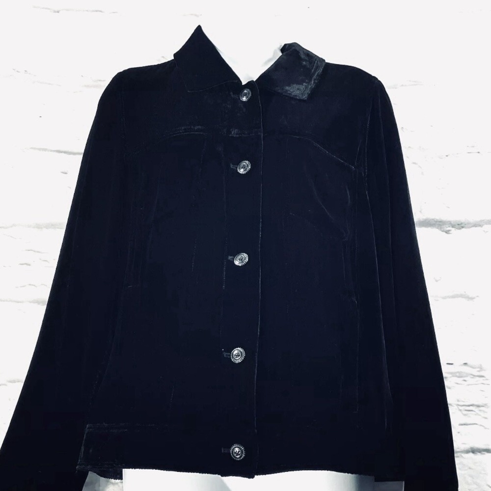 J Jill Jacket Women's Medium Black velvet velour silk rayon Blend Button Up NWOT
